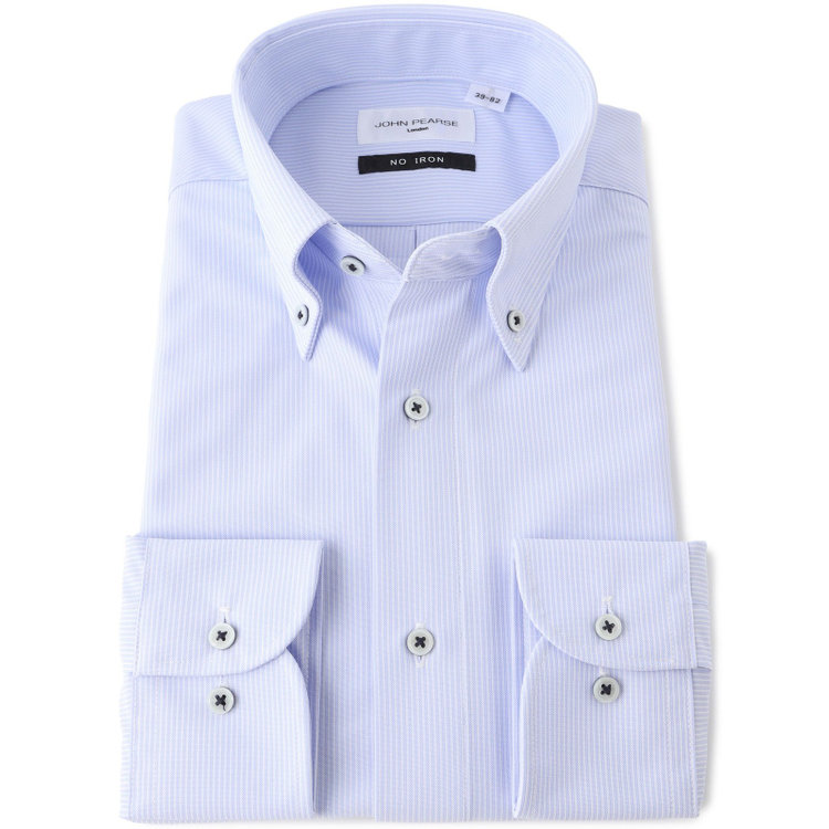 ジョンピアース 【JOHN PEARSE White】【ノーアイロン】ボタンダウンドレスワイシャツ/ブルー×ストライプ/釦付糸：ネイビー/ULTRA MOVE/ニット素材 青濃色