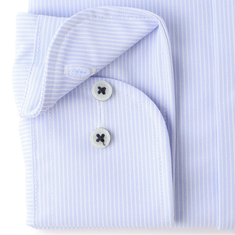 ジョンピアース 【JOHN PEARSE White】【ノーアイロン】ボタンダウンドレスワイシャツ/ブルー×ストライプ/釦付糸：ネイビー/ULTRA MOVE/ニット素材 青濃色