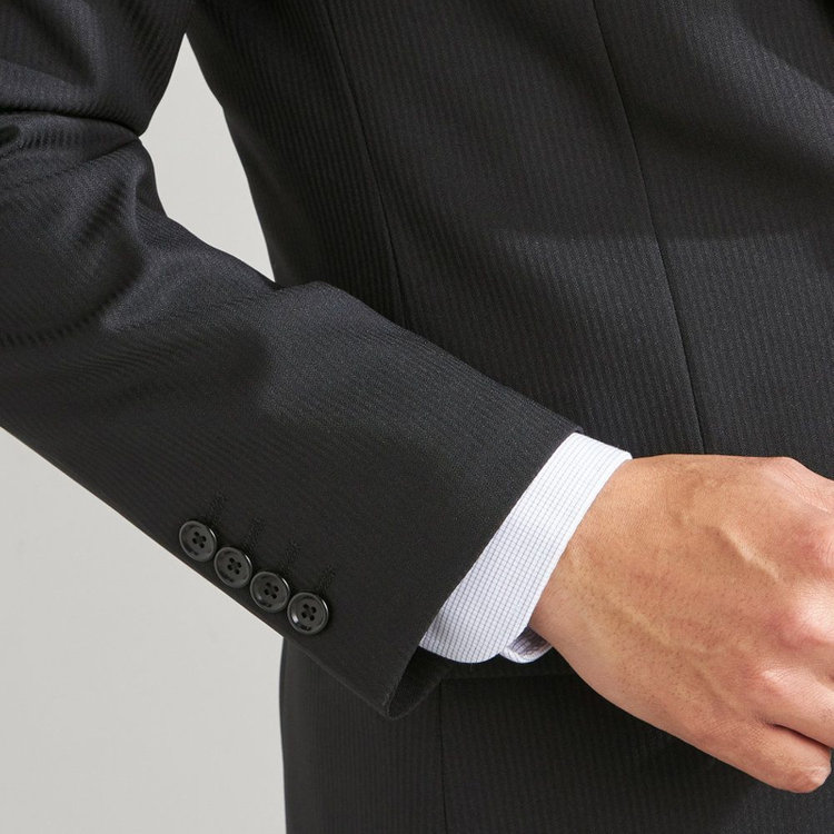 ハイスペックモーション 【HIGH SPEC MOTION】【年間】2釦シングルスーツ 0タック/ブラック×シャドーストライプ/パンツウォシャブル/※裾上げ必要 黒