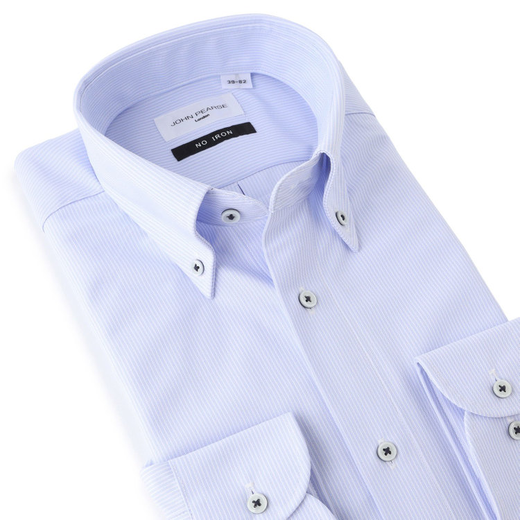 ジョンピアース 【JOHN PEARSE White】【ノーアイロン】ボタンダウンドレスワイシャツ/ブルー×ストライプ/釦付糸：ネイビー/ULTRA MOVE/ニット素材 青濃色