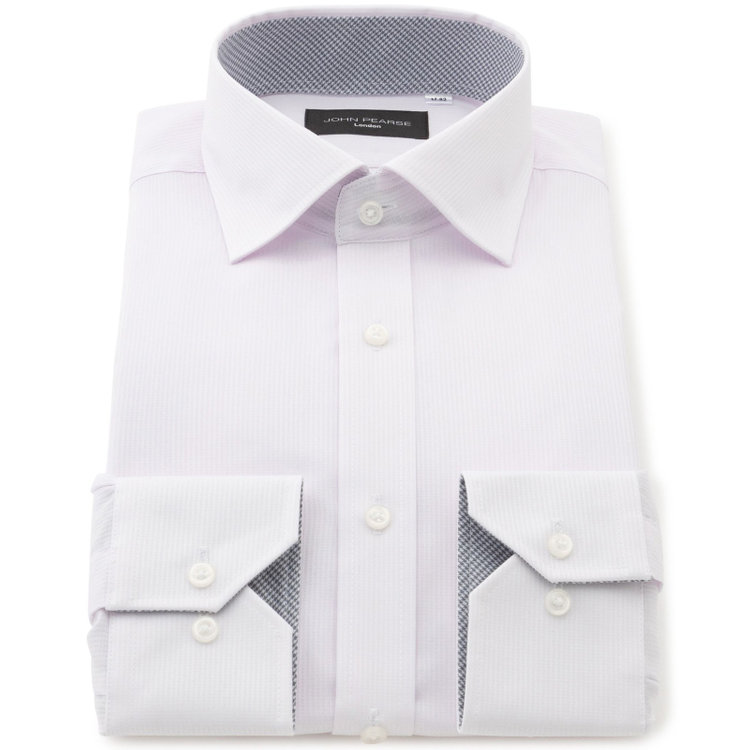 ジョンピアースブラック 【JOHN PEARSE Black】【SLIM】【形態安定】ワイドカラーワイシャツ/ピンク×ドビーストライプ/襟袖裏別布 赤淡色