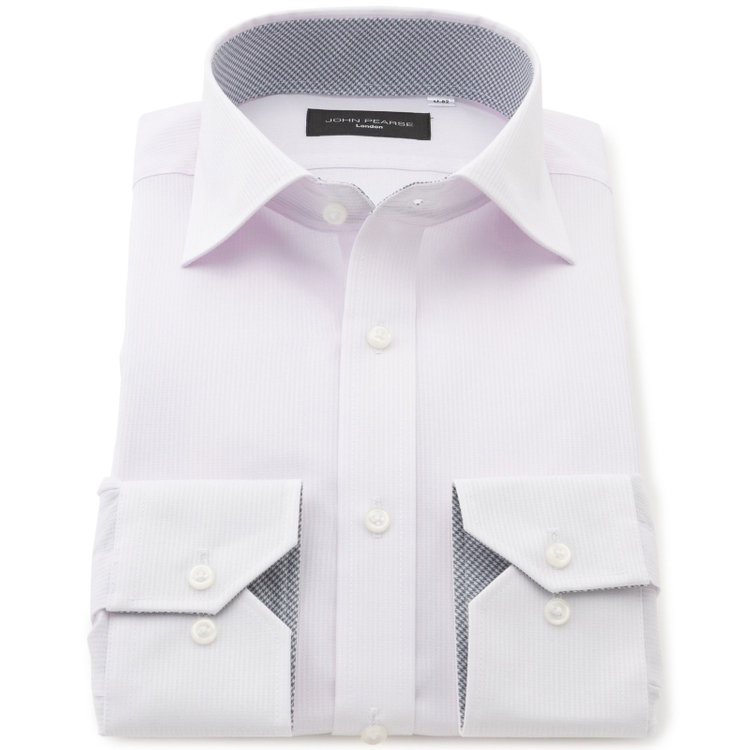 ジョンピアースブラック 【JOHN PEARSE Black】【SLIM】【形態安定】ワイドカラーワイシャツ/ピンク×ドビーストライプ/襟袖裏別布 赤淡色