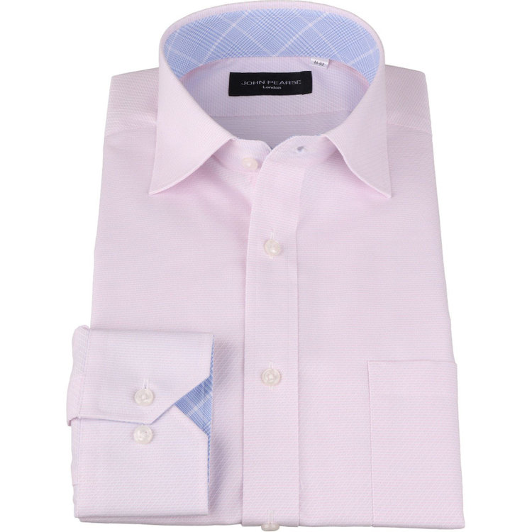 KONAKA　アウトレット 【WEB限定/OUTLET/汚れ・キズ等有】【JOHN PEARSE Black】【形態安定】ワイドカラードレスワイシャツ/ピンク×ドビーツイル/襟袖裏別布：ブルー×チェック ピンク系(桃)