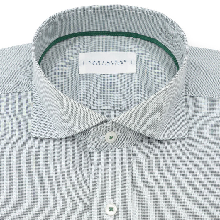 カンサイマンブルー 【パーソナルカラーシャツ】【KANSAIMAN collection】【形態安定】【スタイリッシュシルエット】ワイドカラースナップダウンワイシャツ/スモーキーグリーン×刺し子柄 緑中間