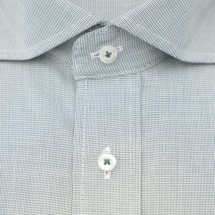 カンサイマンブルー 【パーソナルカラーシャツ】【KANSAIMAN collection】【形態安定】【スタイリッシュシルエット】ワイドカラースナップダウンワイシャツ/スモーキーグリーン×刺し子柄 緑中間