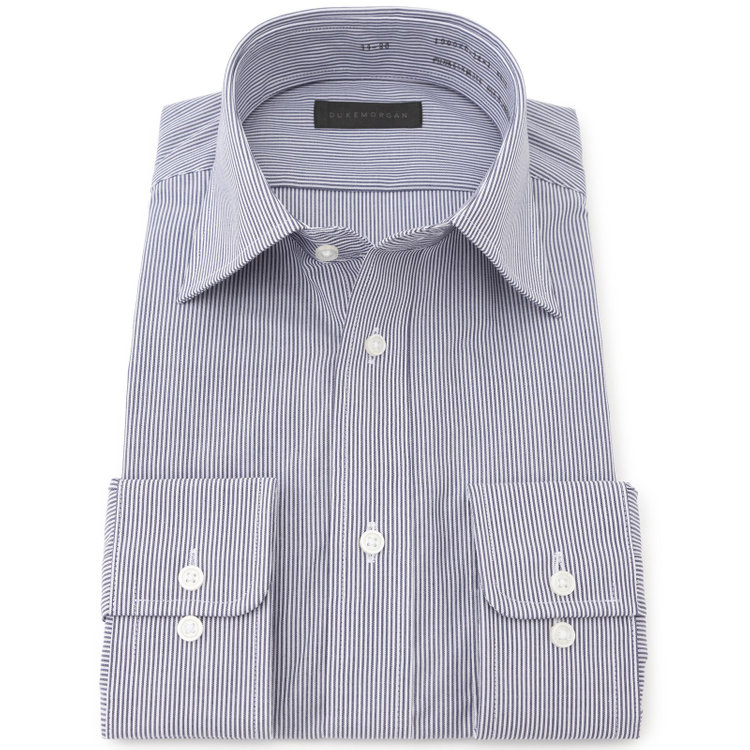 ＤＵＫＥ ＭＯＲＧＡ 【発送在庫あり】【DUKEMORGAN】【形態安定】ワイドカラーワイシャツ/ネイビー＆ホワイト×ストライプ 青濃色