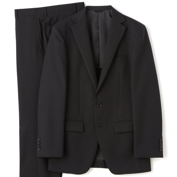 ハイスペックモーション 【HIGH SPEC MOTION】【年間】2釦シングルスーツ 0タック/ブラック×シャドーストライプ/パンツウォシャブル/※裾上げ必要 黒