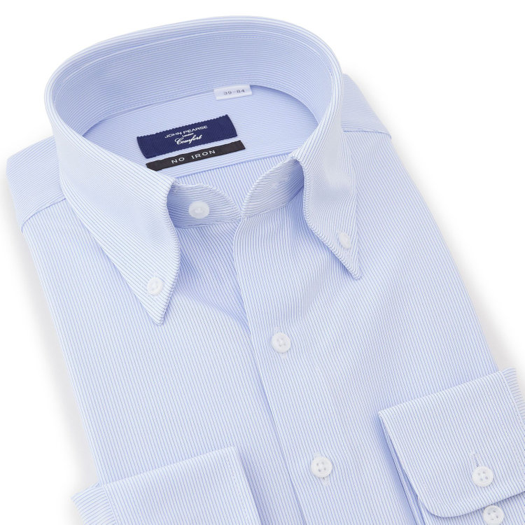 ＪＰコンフォート ネイビー 【発送在庫あり】【WEB限定】【JOHN PEARSE comfort navy】ボタンダウンカラーワイシャツ/ホワイト×ブルーストライプ/ULTRA MOVE「ニット素材」「ノーアイロン」「ストレッチ」「高通気性」 紺中間