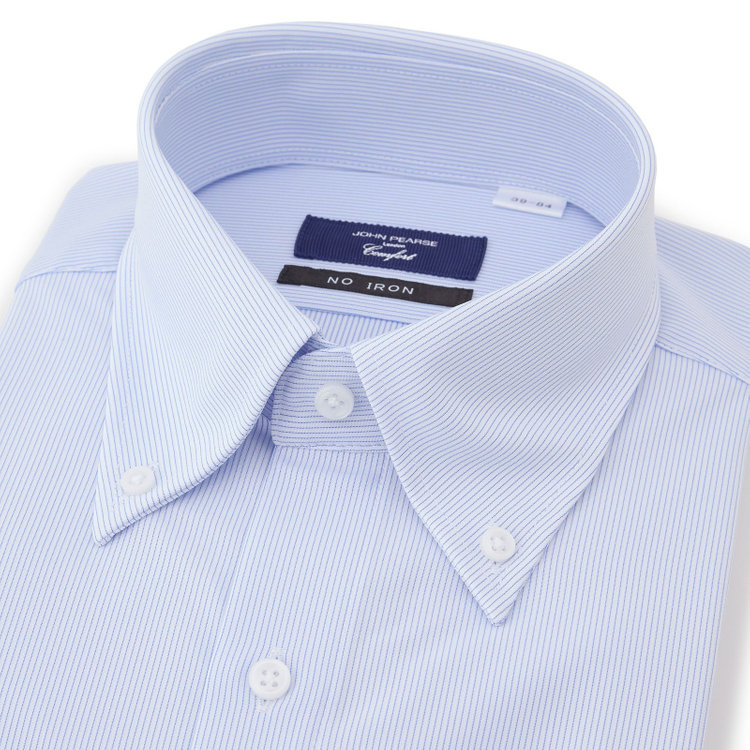 ＪＰコンフォート ネイビー 【発送在庫あり】【WEB限定】【JOHN PEARSE comfort navy】ボタンダウンカラーワイシャツ/ホワイト×ブルーストライプ/ULTRA MOVE「ニット素材」「ノーアイロン」「ストレッチ」「高通気性」 紺中間
