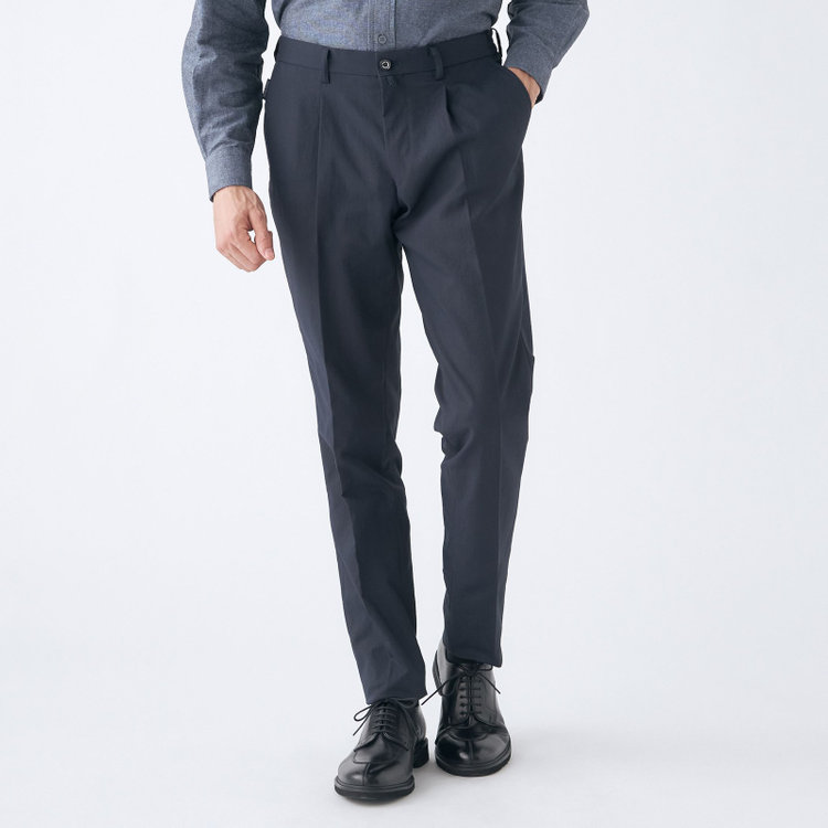 スタンリーブラッカ 【stanley blacker new york】【春夏】1タックテーパードパンツ/ネイビー×テックコットンストレッチ/ウエストシャーリング仕様/※裾上げ必要 紺濃色