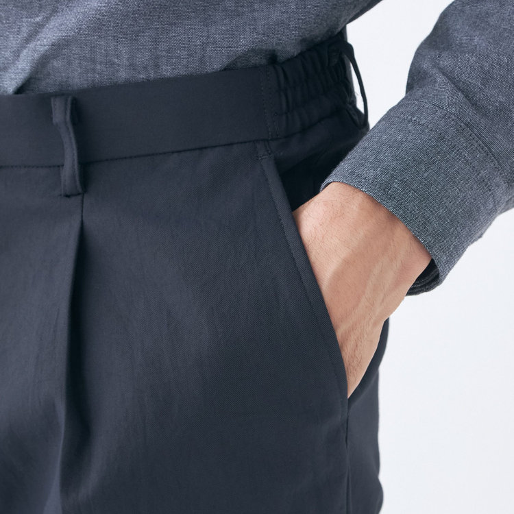 スタンリーブラッカ 【stanley blacker new york】【春夏】1タックテーパードパンツ/ネイビー×テックコットンストレッチ/ウエストシャーリング仕様/※裾上げ必要 紺濃色