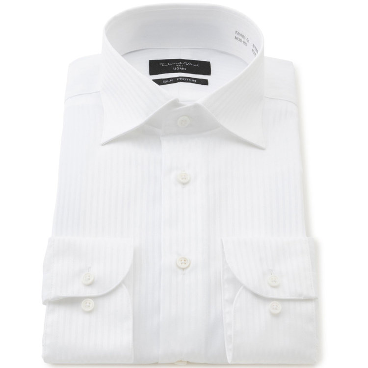 ドナートヴィンチウォモ 【Donato Vinci Italy Uomo】【STYLISH】【形態安定】【綿100％】ワイドカラードレスワイシャツ/ホワイト×ドビーストライプ/SILK PROTEIN 白