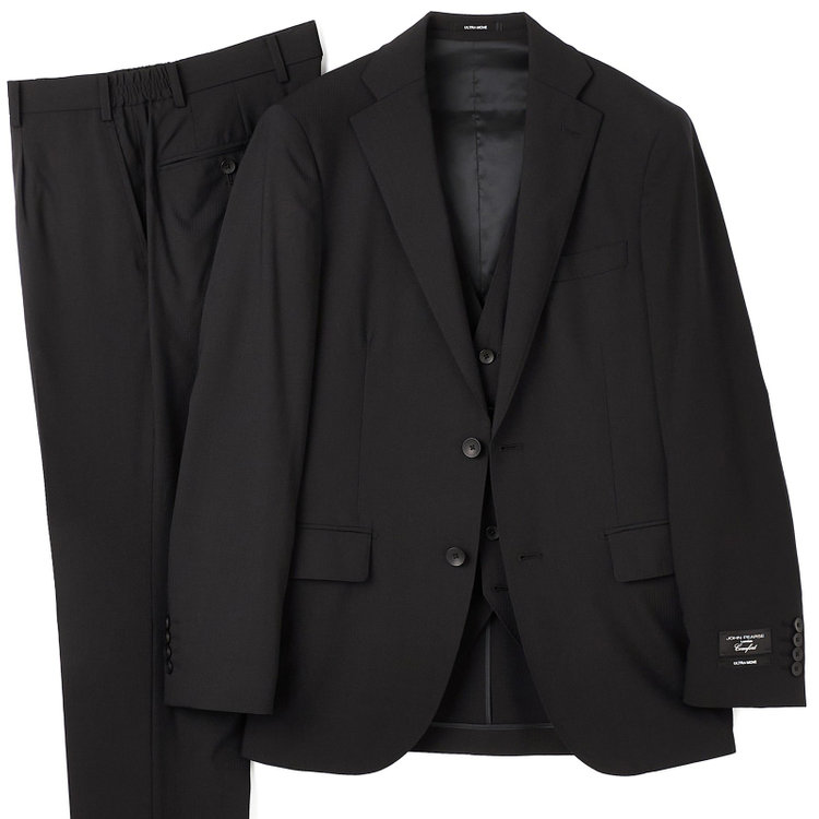 ＪＰ コンフォート 【JOHN PEARSE comfort】【春夏】2釦シングルスリーピーススーツ 1タック/ブラック×シャドーストライプ/ストレッチ/ウエストシャーリング仕様ULTRA MOVE/SHOWER CLEAN/※裾上げ必要 黒