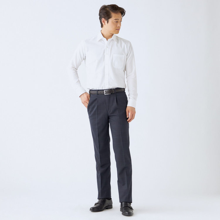 ジョンピアース 【JOHN PEARSE White】【春夏】ウール高機能ポリエステルブレンド 1タックスラックス/ネイビー×チェック/ウエストムーブ仕様/ULTRA MOVE/裾上げ必要 紺濃色