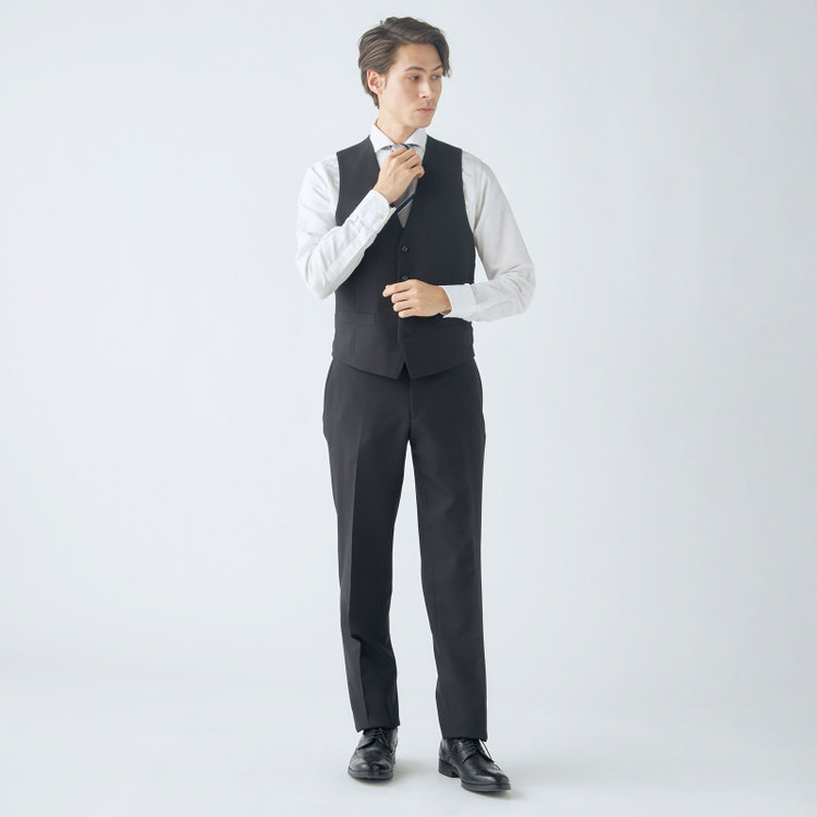 ＵＮＰＲＥＳＳＵＲＥ 【Unpressure】【年間】スリーピース2釦シングルスーツ 0タック/ブラック×シャドーツイル/ウォッシャブルパンツ 黒