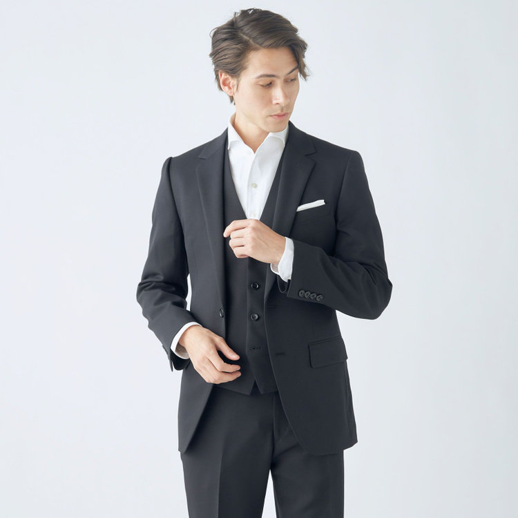 ＵＮＰＲＥＳＳＵＲＥ 【Unpressure】【年間】スリーピース2釦シングルスーツ 0タック/ブラック×シャドーツイル/ウォッシャブルパンツ 黒