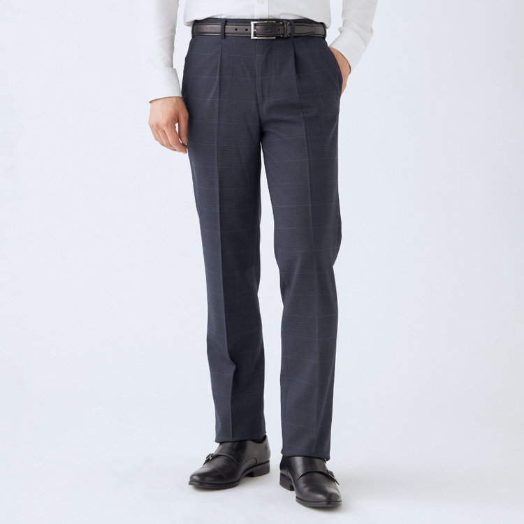 ジョンピアース 【JOHN PEARSE White】【春夏】ウール高機能ポリエステルブレンド 1タックスラックス/ネイビー×チェック/ウエストムーブ仕様/ULTRA MOVE/裾上げ必要 紺濃色