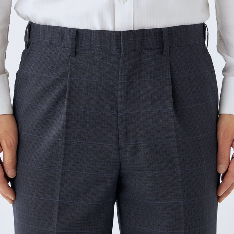 ジョンピアース 【JOHN PEARSE White】【春夏】ウール高機能ポリエステルブレンド 1タックスラックス/ネイビー×チェック/ウエストムーブ仕様/ULTRA MOVE/裾上げ必要 紺濃色