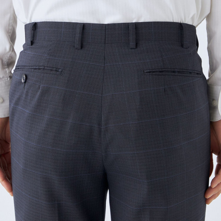 ジョンピアース 【JOHN PEARSE White】【春夏】ウール高機能ポリエステルブレンド 1タックスラックス/ネイビー×チェック/ウエストムーブ仕様/ULTRA MOVE/裾上げ必要 紺濃色