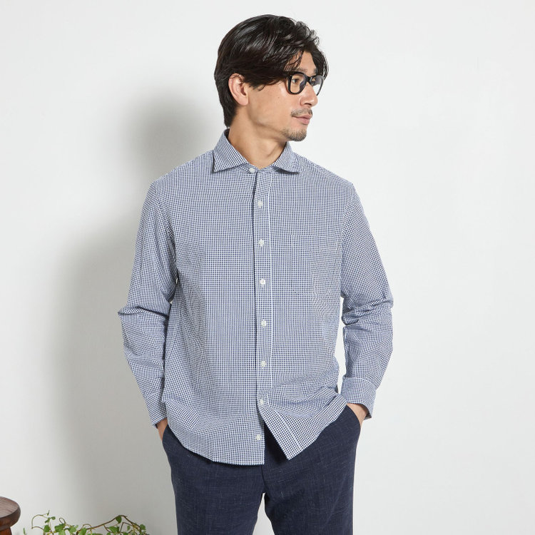 スタンリーブラッカ 【stanley blacker new york】【長袖】シアサッカーギンガムチェックカッタウェイシャツ/ネイビー 青濃色
