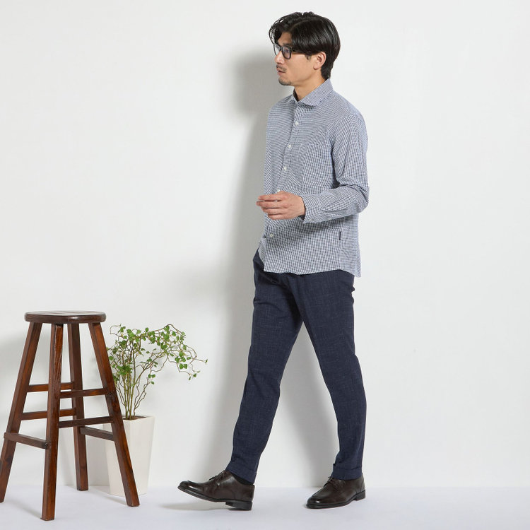 スタンリーブラッカ 【stanley blacker new york】【長袖】シアサッカーギンガムチェックカッタウェイシャツ/ネイビー 青濃色