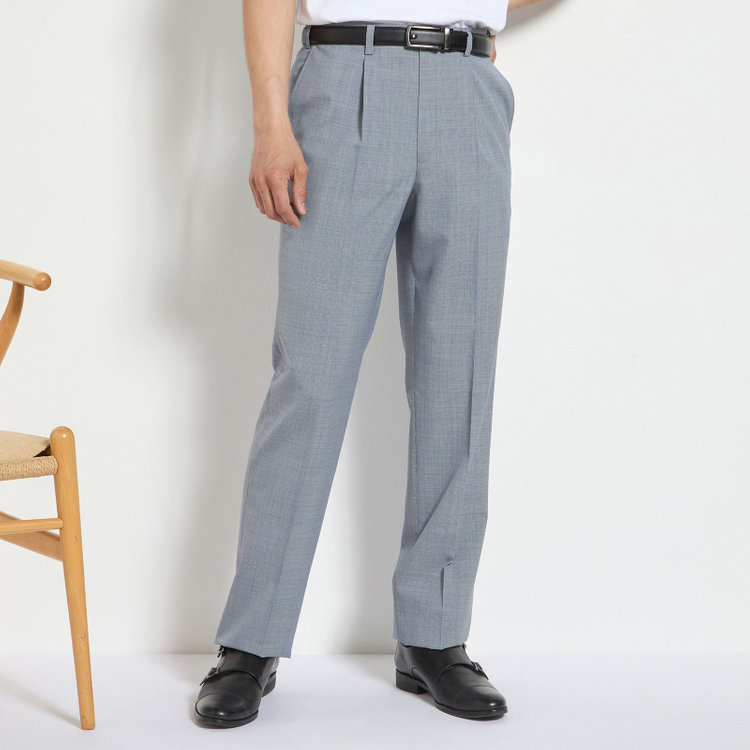 ジョンピアース 【JOHN PEARSE White】【春夏】1タックパンツ/サックス×ハウンドトゥース/ウエストムーブ仕様/※裾上げ必要 青中間