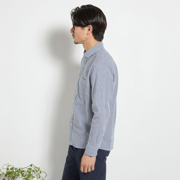 スタンリーブラッカ 【stanley blacker new york】【長袖】シアサッカーギンガムチェックカッタウェイシャツ/ネイビー 青濃色