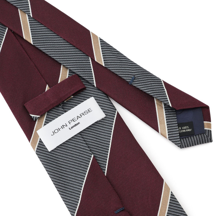 ジョンピアース 【JOHN PEARSE White】シルクストライプ柄ネクタイ/8.0㎝幅/ワイン×グレー その他