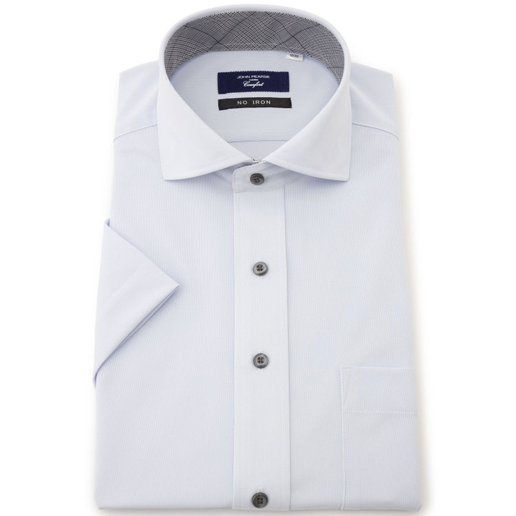 ＪＰ コンフォート 【半袖】【JOHN PEARSE comfort navy】ホリゾンタルワイドカラーワイシャツ/サックス/襟裏別布：チェック/釦：グレー/ULTRA MOVE「ニット素材」「ノーアイロン」「ストレッチ」「高通気性」 青淡色