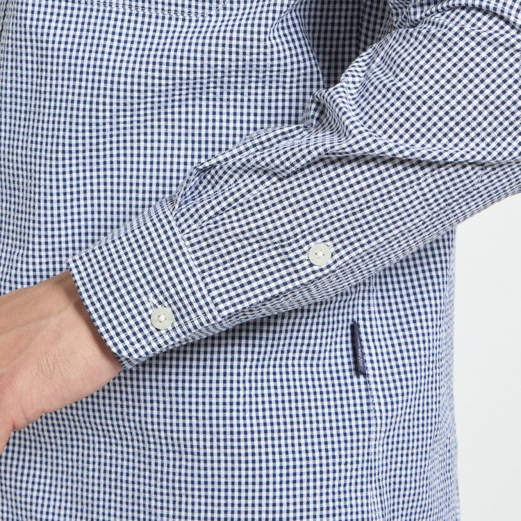 スタンリーブラッカ 【stanley blacker new york】【長袖】シアサッカーギンガムチェックカッタウェイシャツ/ネイビー 青濃色