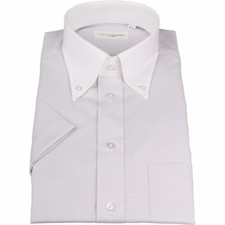 ジョンピアース 【半袖】【JOHN PEARSE White】【形態安定】クレリックボタンダウンドレスシャツ/襟：ホワイト+グレー＆ホワイト×チェック/Oil guard グレー系(灰)