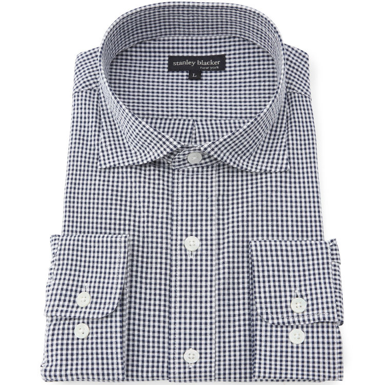 スタンリーブラッカ 【stanley blacker new york】【長袖】シアサッカーギンガムチェックカッタウェイシャツ/ネイビー 青濃色