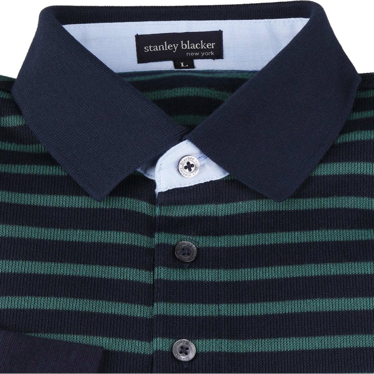 スタンリーブラッカ 【stanley blacker new york】【長袖】胸刺繍ポロシャツ/ネイビー×グリーンボーダー ネイビー系(紺)