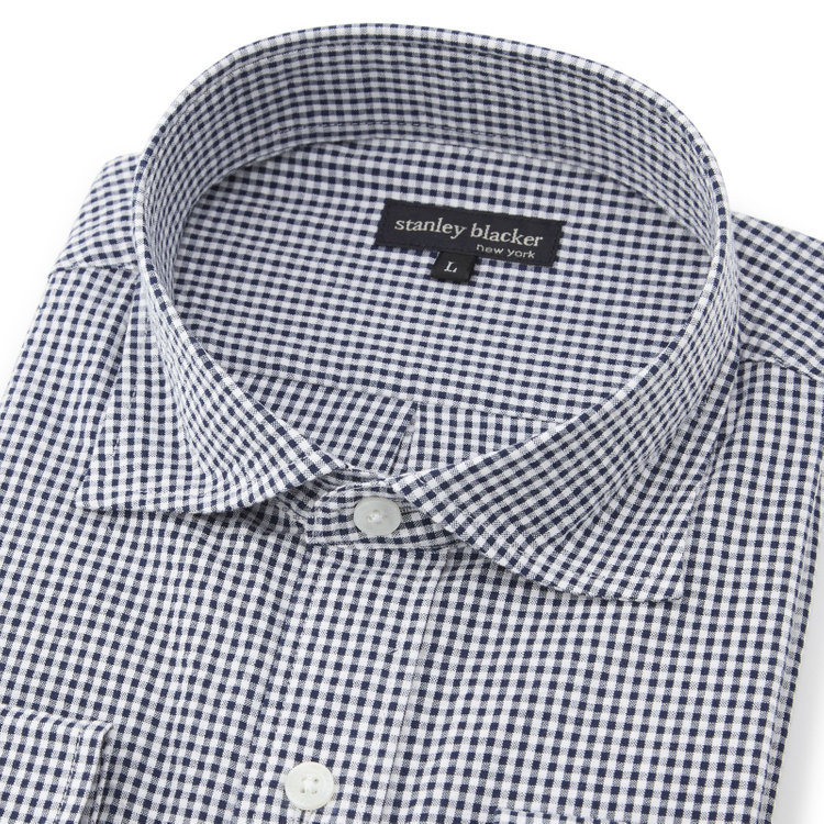 スタンリーブラッカ 【stanley blacker new york】【長袖】シアサッカーギンガムチェックカッタウェイシャツ/ネイビー 青濃色