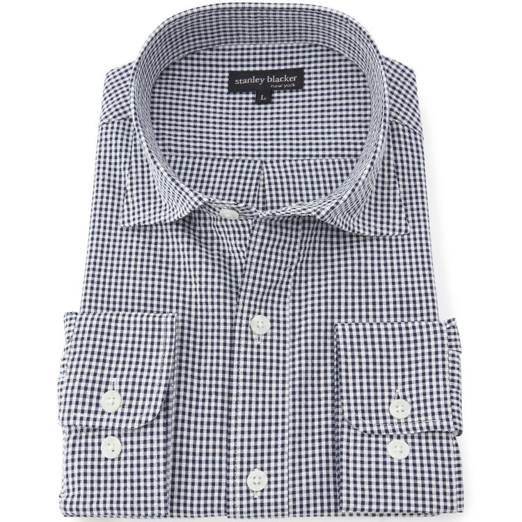 スタンリーブラッカ 【stanley blacker new york】【長袖】シアサッカーギンガムチェックカッタウェイシャツ/ネイビー 青濃色