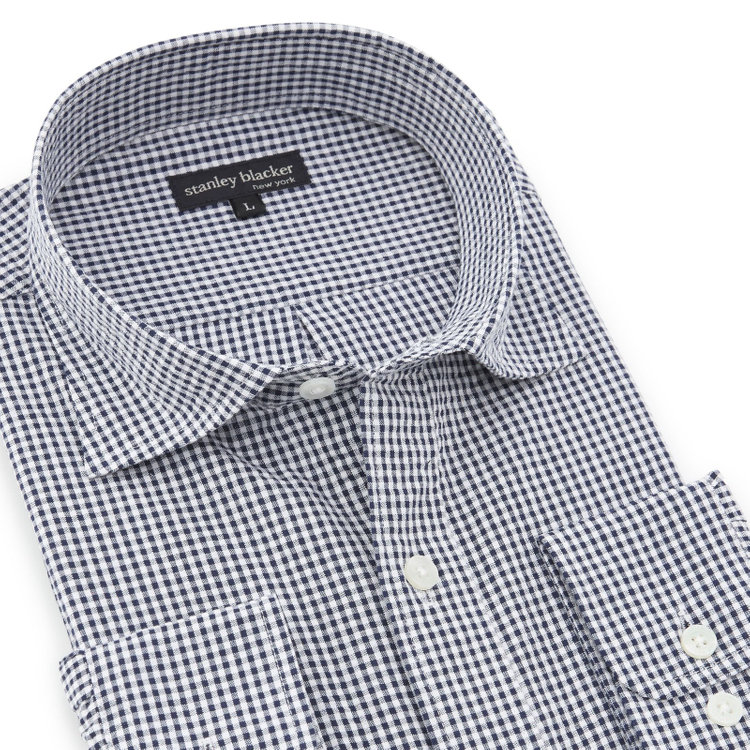スタンリーブラッカ 【stanley blacker new york】【長袖】シアサッカーギンガムチェックカッタウェイシャツ/ネイビー 青濃色