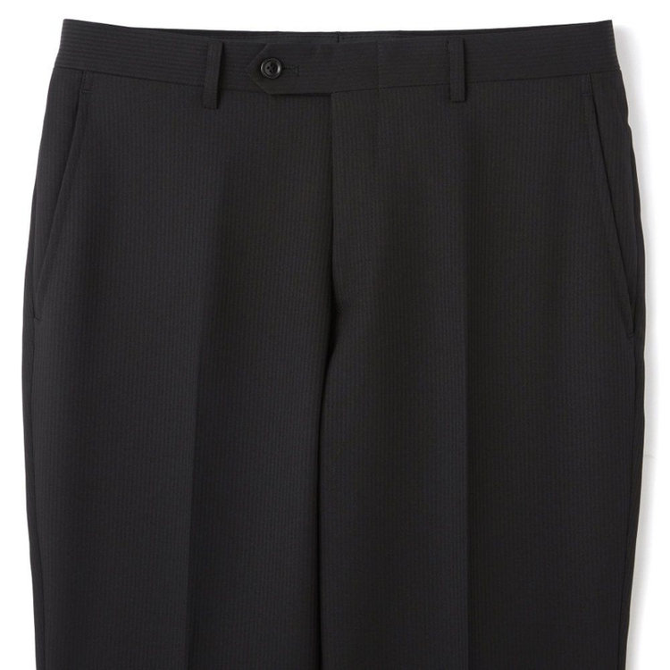 ハイスペックモーション 【HIGH SPEC MOTION】【年間】2釦シングルスーツ 0タック/ブラック×シャドーストライプ/パンツウォシャブル/※裾上げ必要 黒