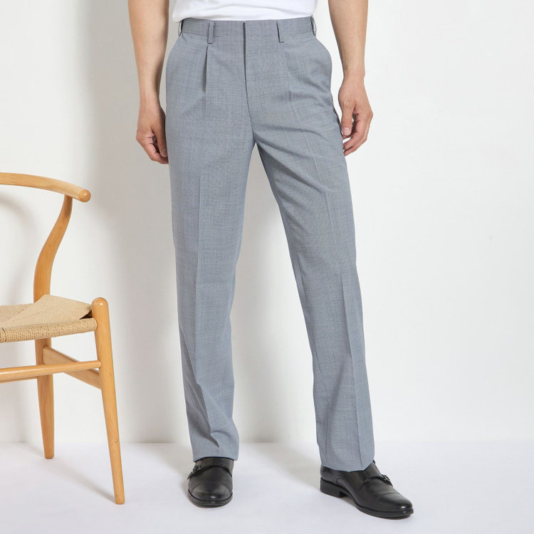 ジョンピアース 【JOHN PEARSE White】【春夏】1タックパンツ/サックス×ハウンドトゥース/ウエストムーブ仕様/※裾上げ必要 青中間