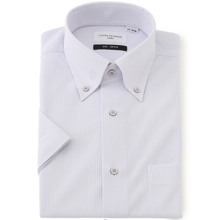 ジョンピアース 【半袖】【JOHN PEARSE White】【ノーアイロン】ボタンダウンドレスワイシャツ/ラベンダー×ドビーストライプ/ULTRA MOVE/ニット素材 紫中間