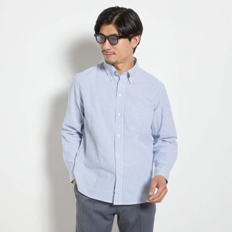 スタンリーブラッカ 【stanley blacker new york】【長袖】シアサッカーストライプボタンダウンシャツ/ブルー 青淡色