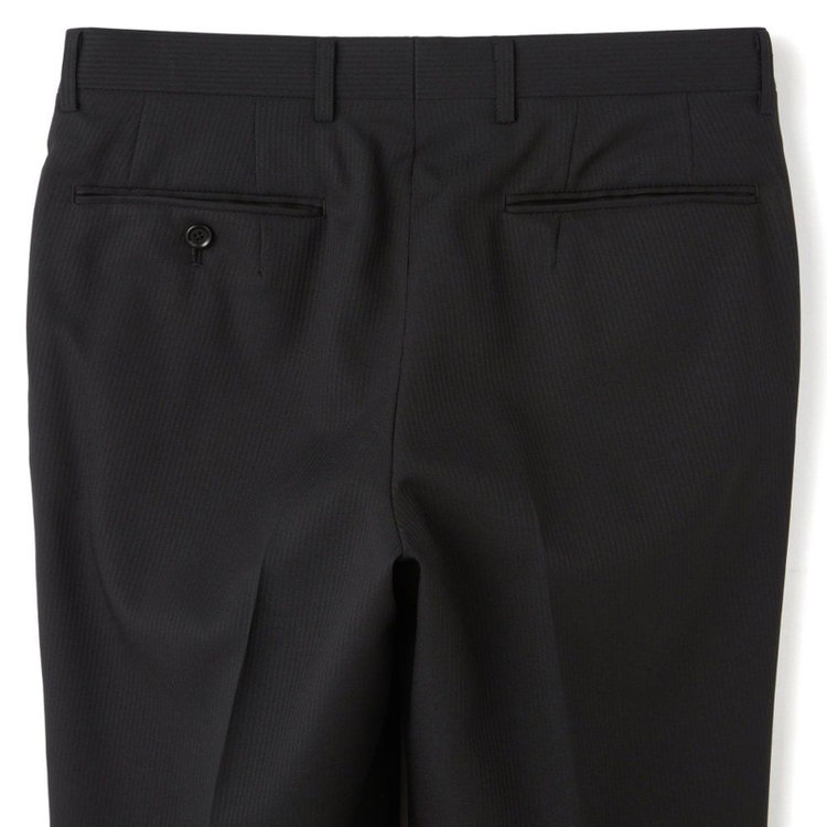 ハイスペックモーション 【HIGH SPEC MOTION】【年間】2釦シングルスーツ 0タック/ブラック×シャドーストライプ/パンツウォシャブル/※裾上げ必要 黒