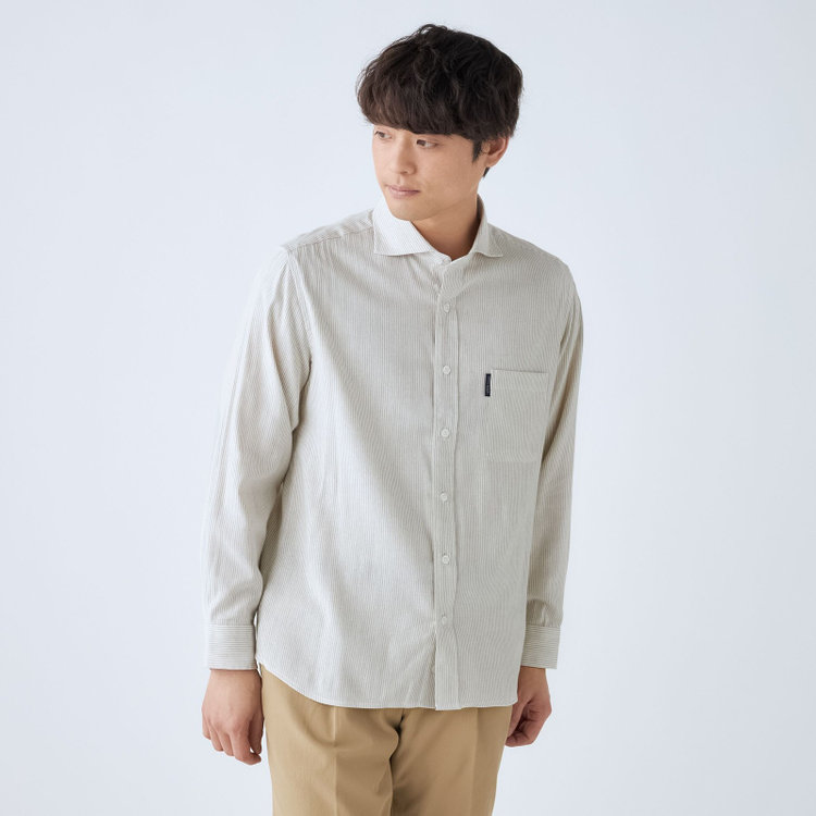 スタンリーブラッカ 【stanley blacker】【長袖】リネンブレンドカッタウェイシャツ/ベージュ＆ホワイト×ストライプ 茶淡色