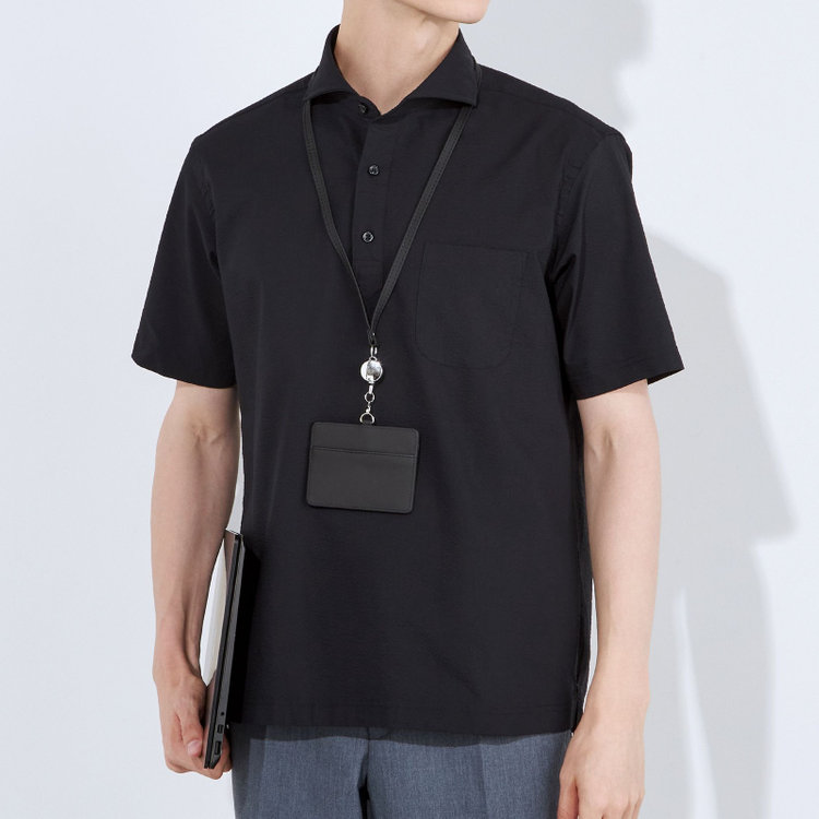 ＪＰコンフォート ネイビー 【半袖】【JOHN PEARSE comfort navy】ホリゾンタルワイドビズポロシャツ プルオーバータイプ/ブラック×シアサッカー 黒