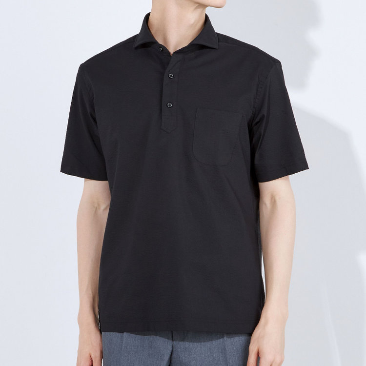 ＪＰコンフォート ネイビー 【半袖】【JOHN PEARSE comfort navy】ホリゾンタルワイドビズポロシャツ プルオーバータイプ/ブラック×シアサッカー 黒