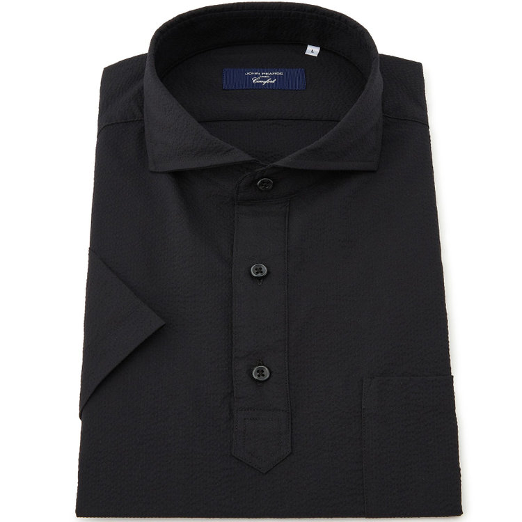ＪＰコンフォート ネイビー 【半袖】【JOHN PEARSE comfort navy】ホリゾンタルワイドビズポロシャツ プルオーバータイプ/ブラック×シアサッカー 黒