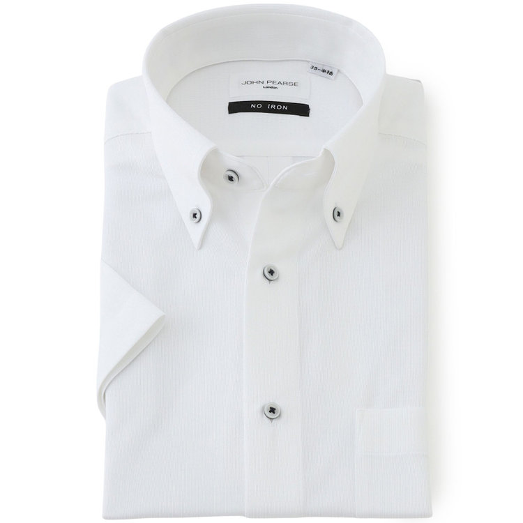 ジョンピアース 【半袖】【JOHN PEARSE White】【ノーアイロン】ボタンダウンドレスワイシャツ/ホワイト×ドビー/ULTRA MOVE/ニット素材 白