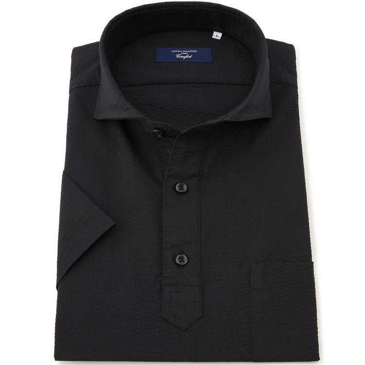 ＪＰコンフォート ネイビー 【半袖】【JOHN PEARSE comfort navy】ホリゾンタルワイドビズポロシャツ プルオーバータイプ/ブラック×シアサッカー 黒