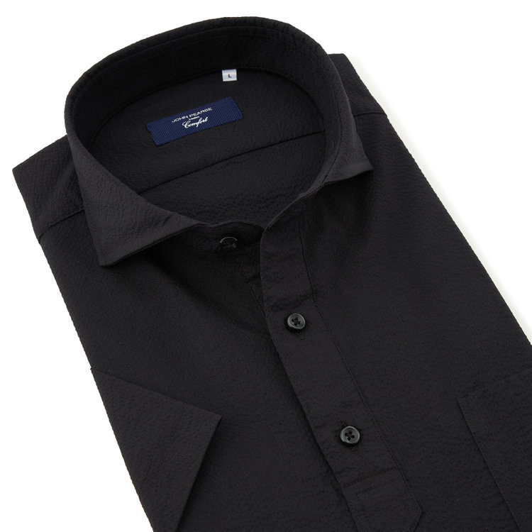 ＪＰコンフォート ネイビー 【半袖】【JOHN PEARSE comfort navy】ホリゾンタルワイドビズポロシャツ プルオーバータイプ/ブラック×シアサッカー 黒