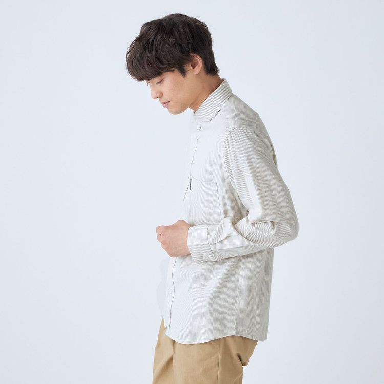 スタンリーブラッカ 【stanley blacker new york】【長袖】リネンブレンドカッタウェイシャツ/ベージュ＆ホワイト×ストライプ 茶淡色