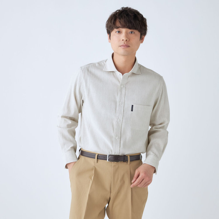 スタンリーブラッカ 【stanley blacker new york】【長袖】リネンブレンドカッタウェイシャツ/ベージュ＆ホワイト×ストライプ 茶淡色